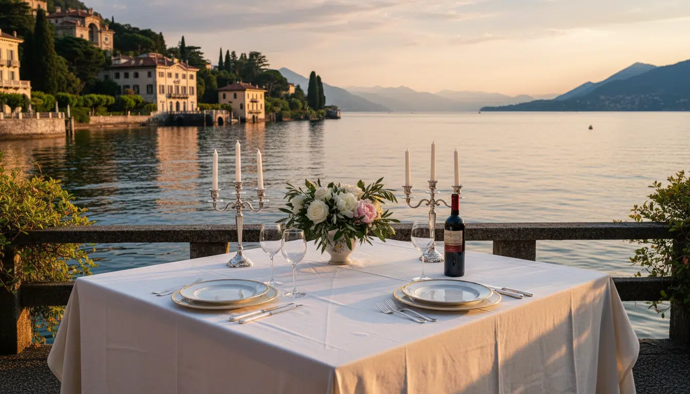 Terrasse romantique au bord du lac de Côme en Italie, table dressée avec nappes blanches et verres à vin, villas italiennes en arrière-plan
