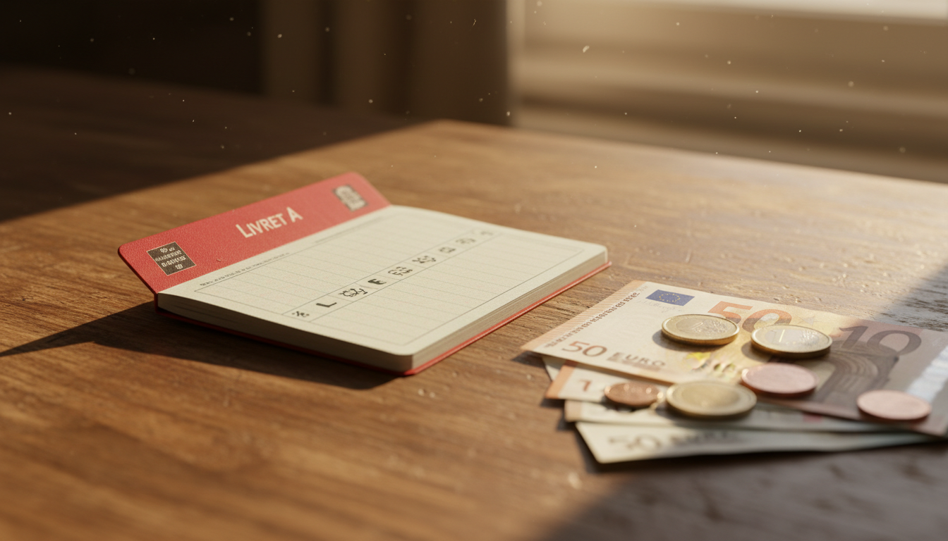 Livret A posé sur un bureau avec des billets en euros