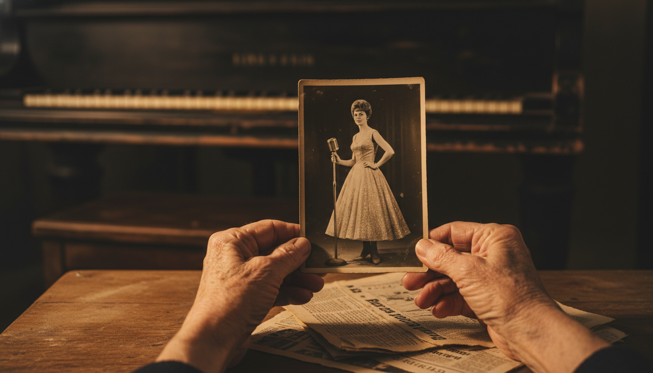 Mains tenant une photo ancienne d'une chanteuse des années 1960