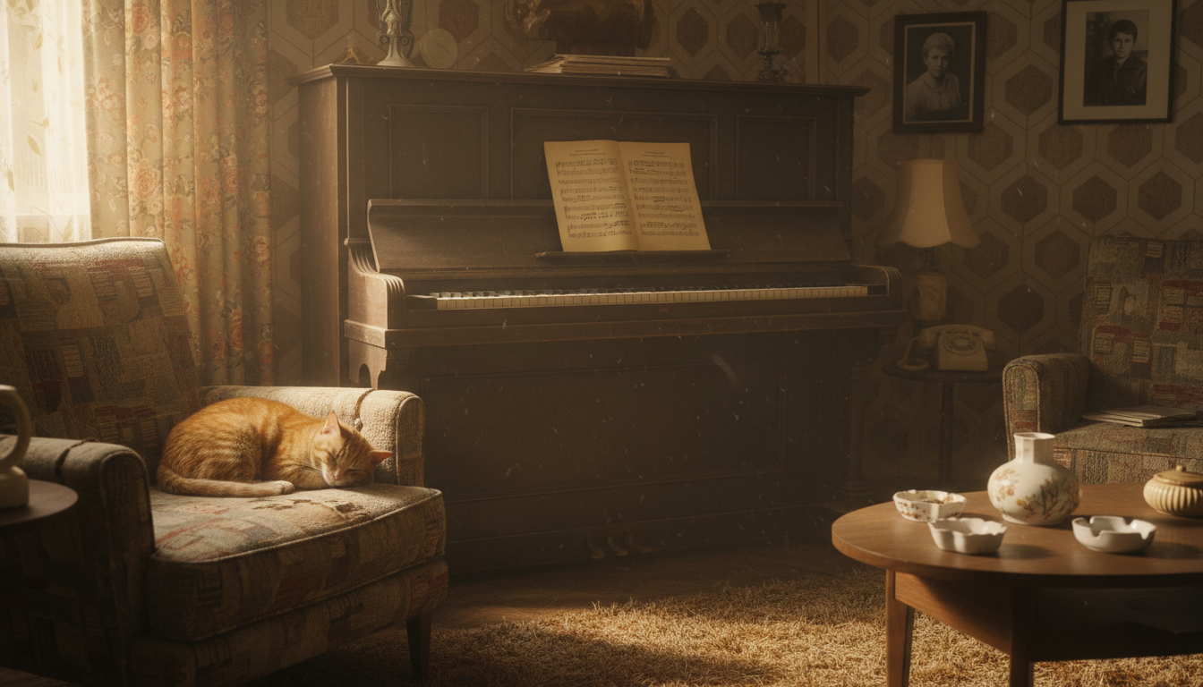 Vieux piano dans un salon figé dans le temps