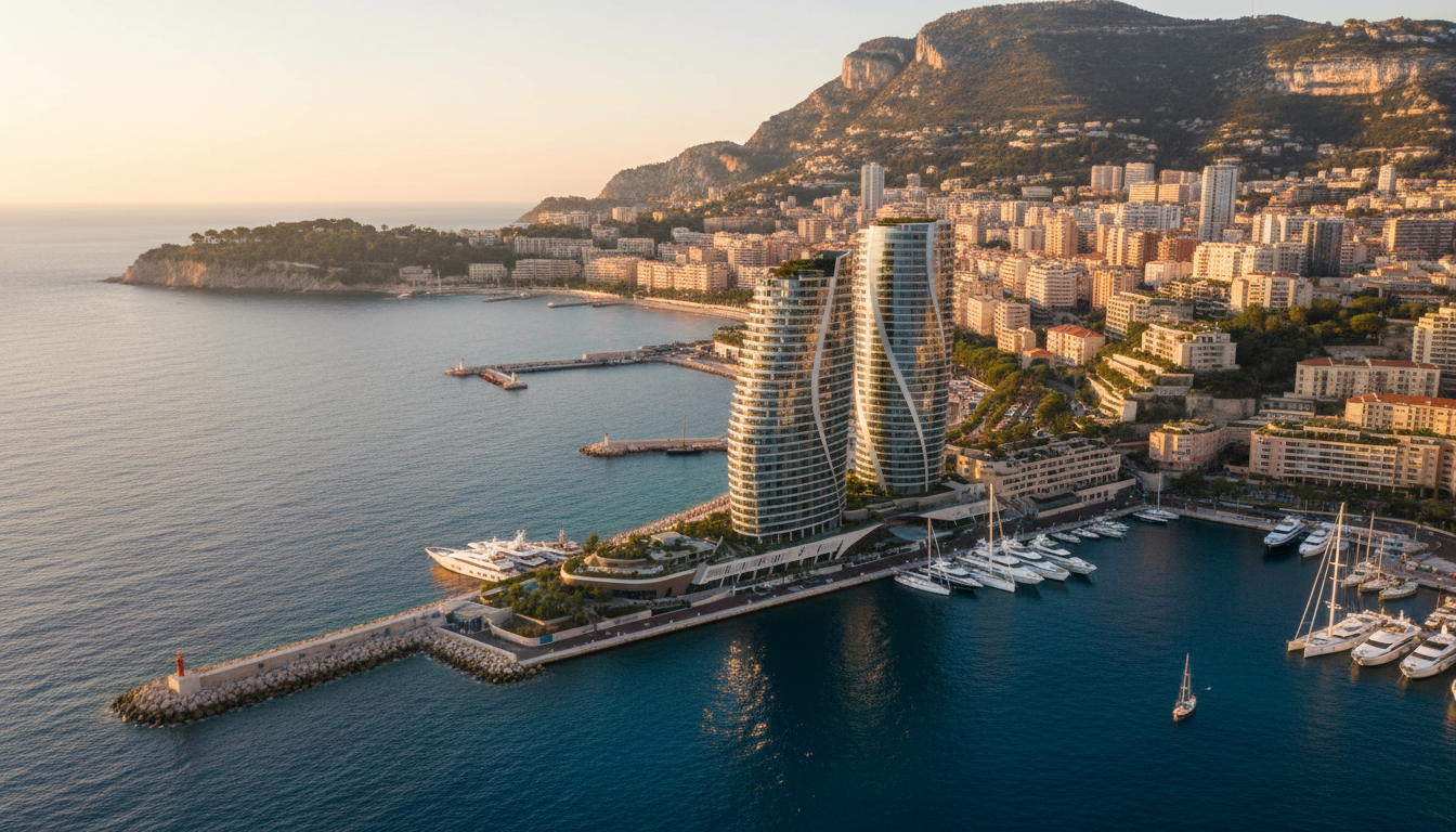 Vue aérienne du quartier Mareterra à Monaco avec l'immeuble Le Renzo