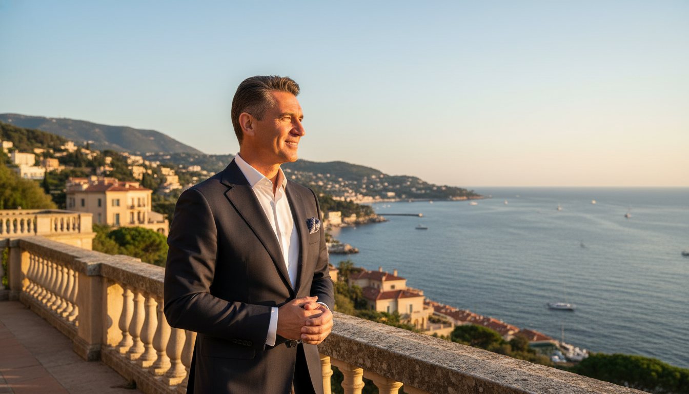 Homme d'affaires sur une terrasse surplombant la Côte d'Azur