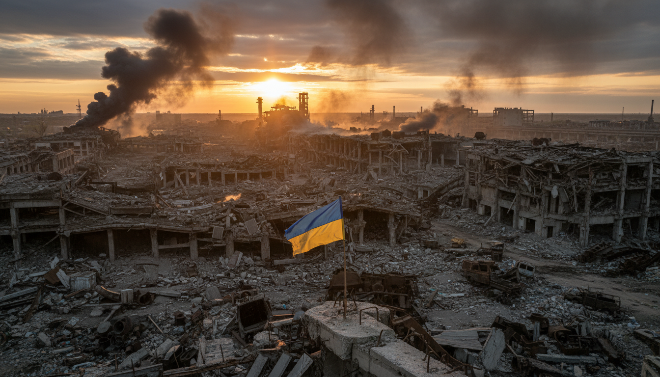 Ruines de l'usine Azovstal à Marioupol avec drapeau ukrainien