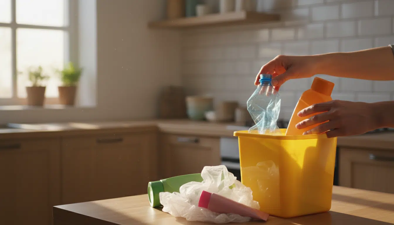 Personne triant des bouteilles plastique dans un bac jaune