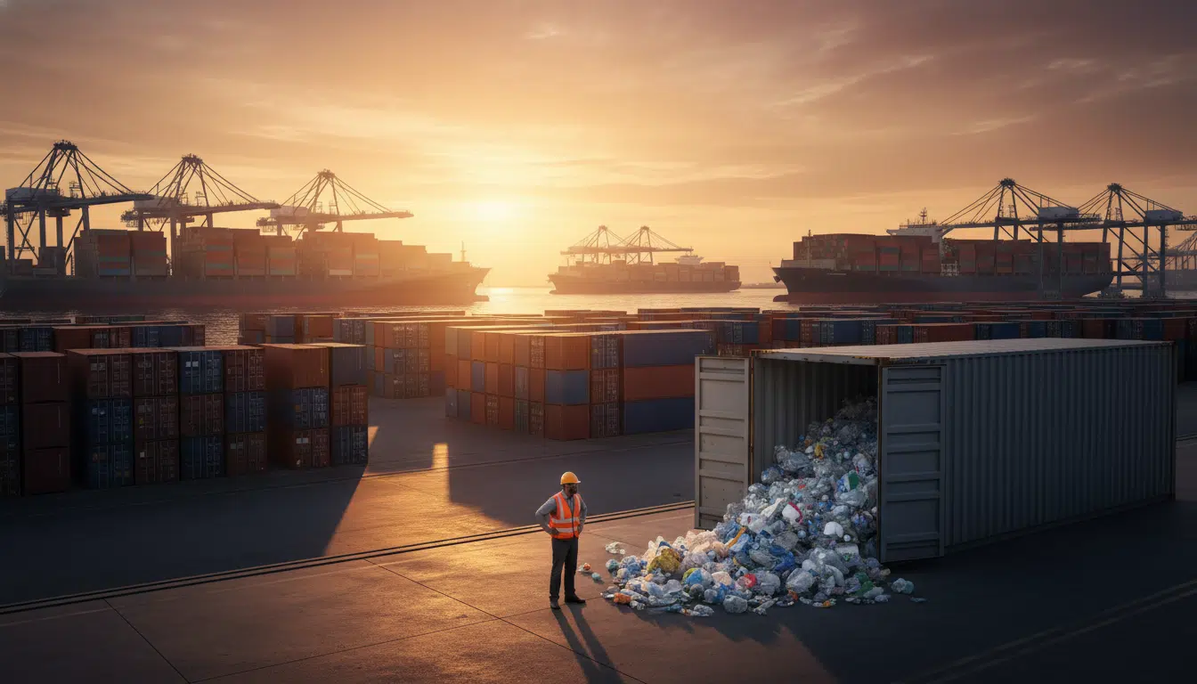 Conteneurs de déchets plastique sur un port européen