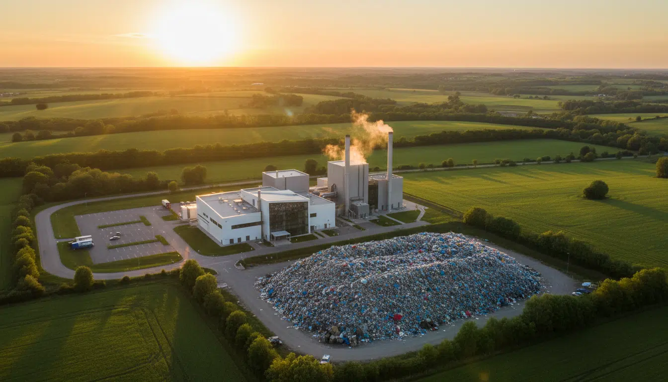 Usine d'incinération de déchets plastique au coucher du soleil