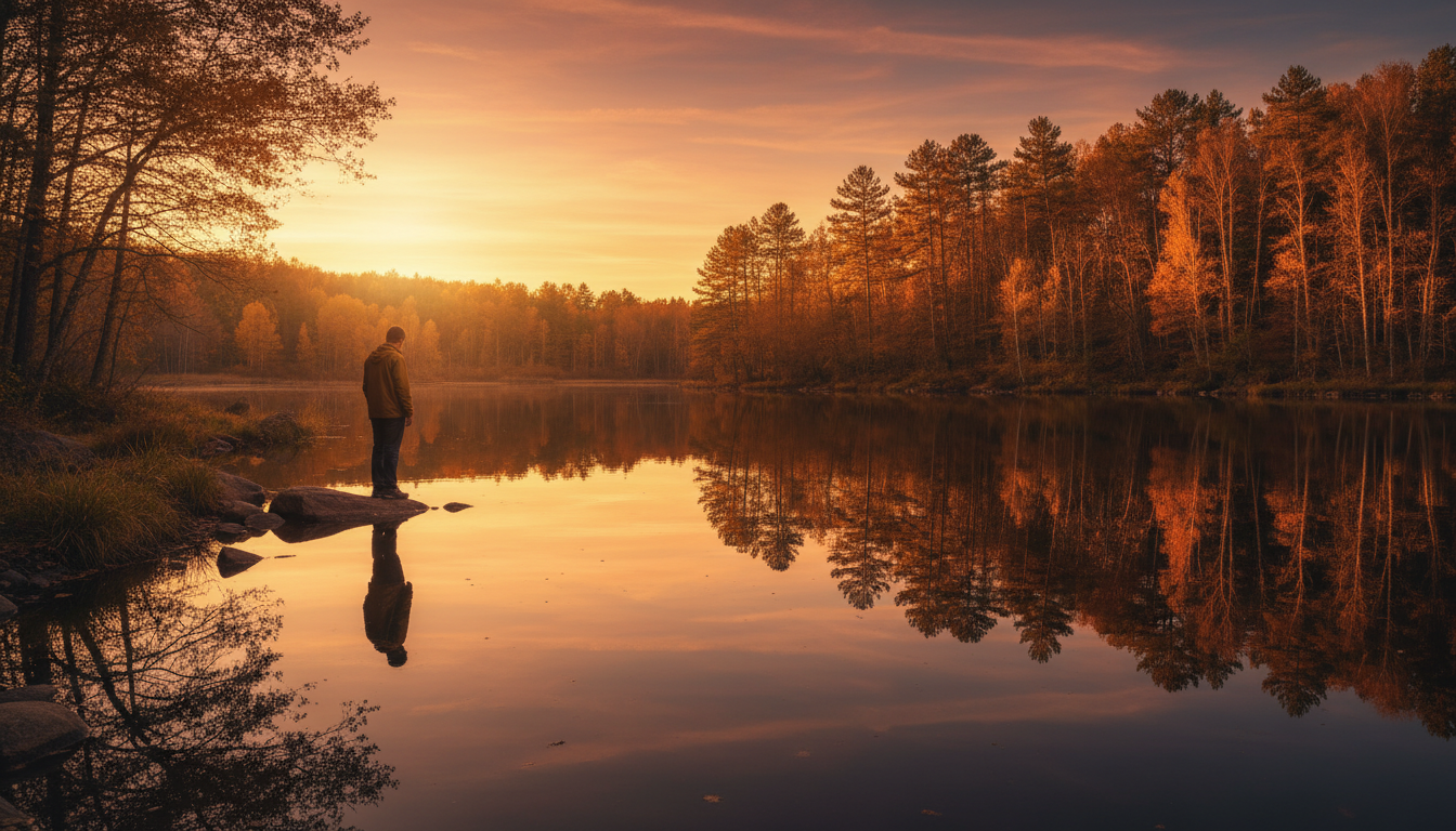 reflet parfait d'une forêt dans un lac calme