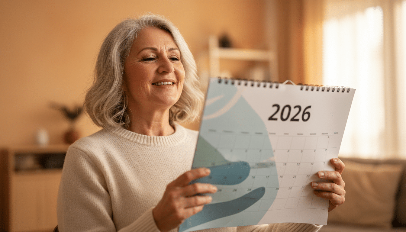 Femme souriante tenant un calendrier 2026