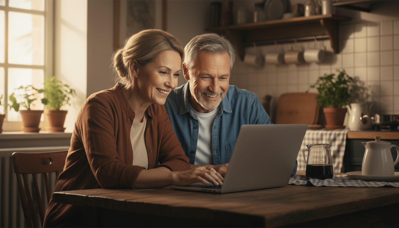 Couple regardant un écran avec espoir