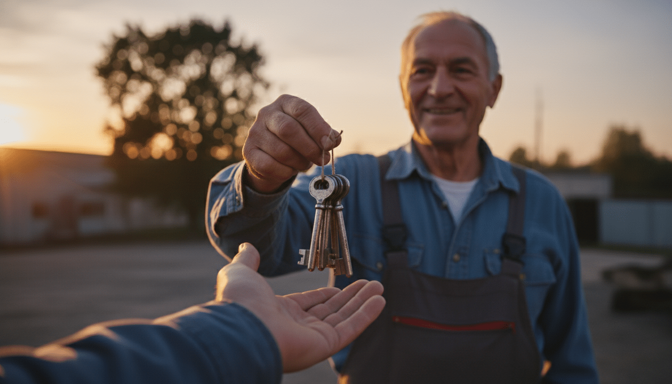 Senior souriant remettant ses clés à la retraite
