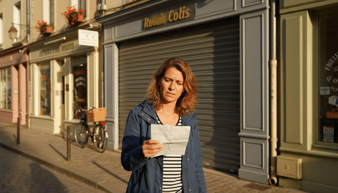 Client devant un point relais fermé avec un avis de passage