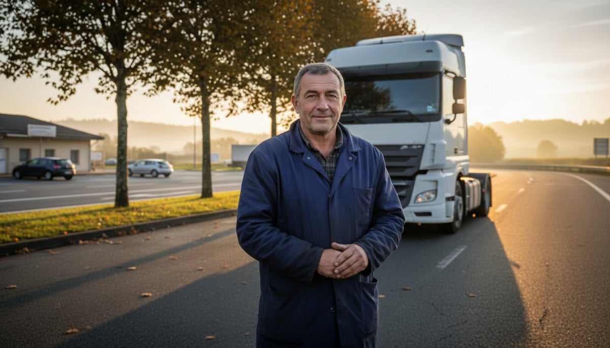 Rémi, routier, devant son camion à l'aube
