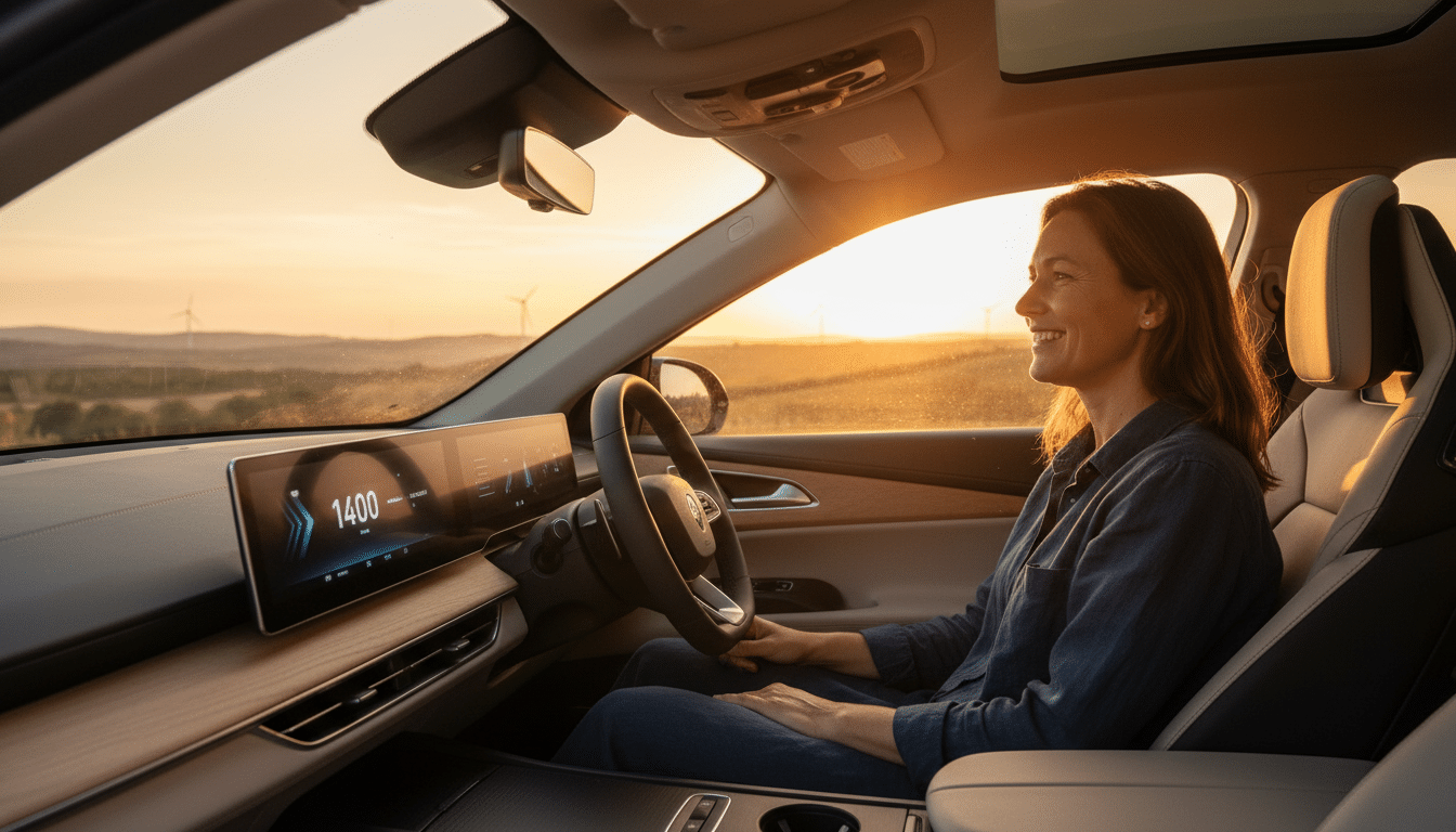 Conducteur souriant devant l'autonomie de 1 400 km affichée