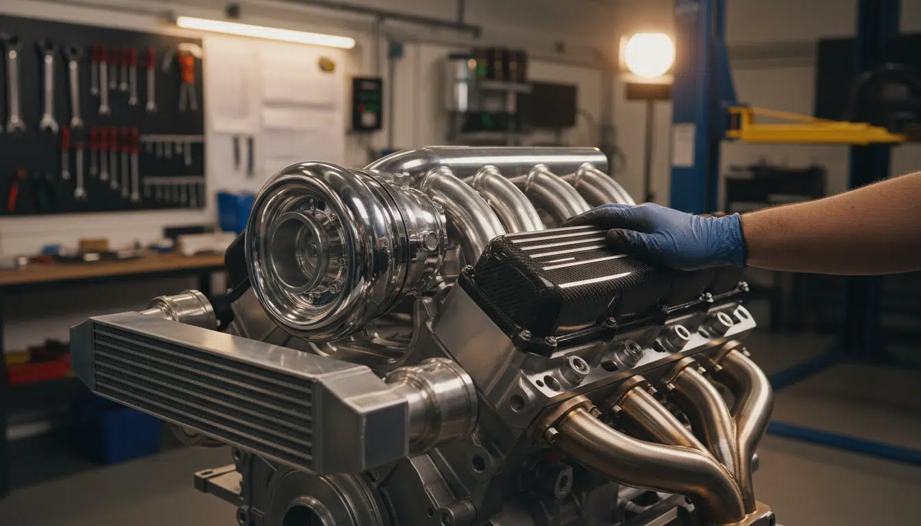 Moteur V6 turbo dans un atelier automobile moderne
