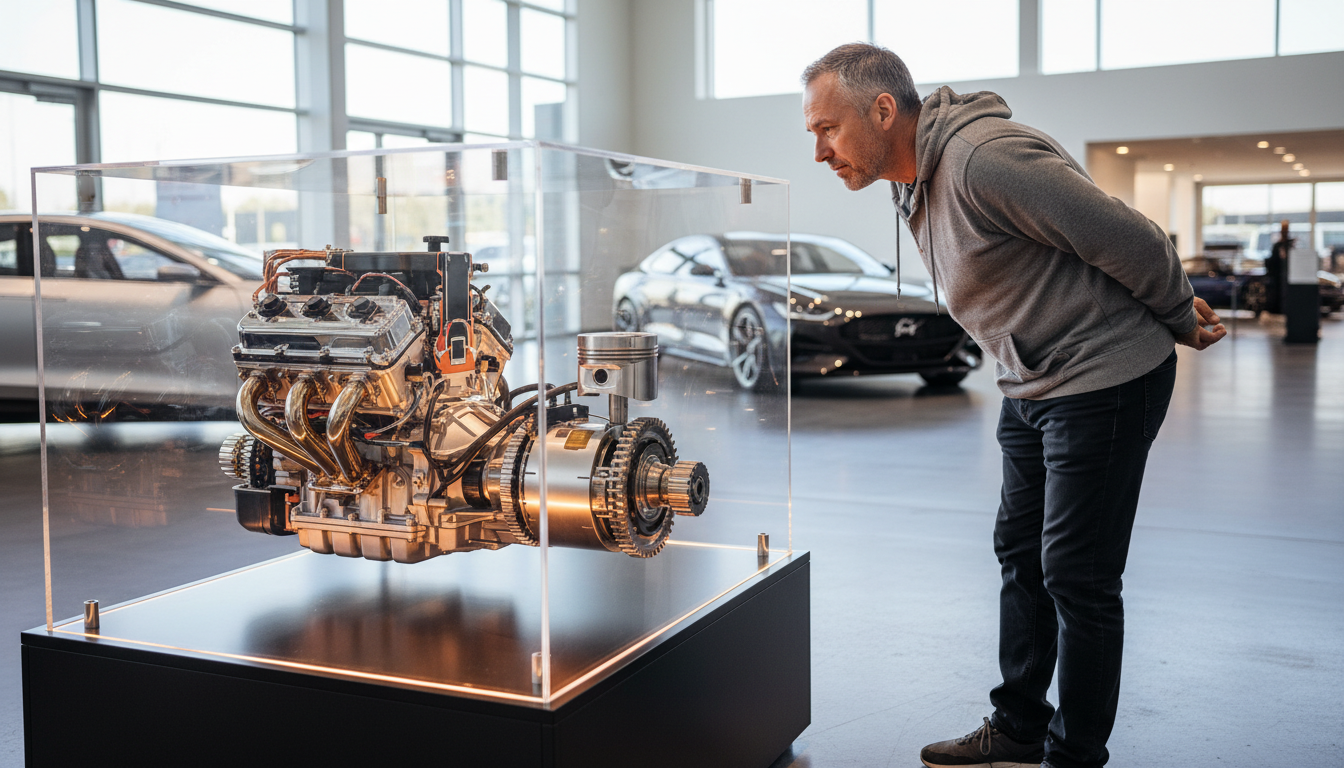 Groupe motopropulseur hybride exposé en showroom