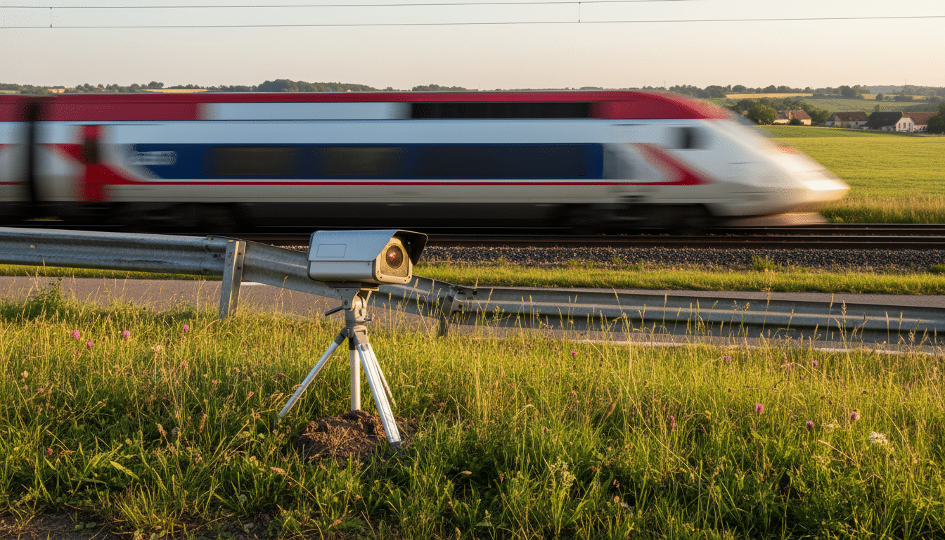 Radar basculé au bord de la route flashant un train