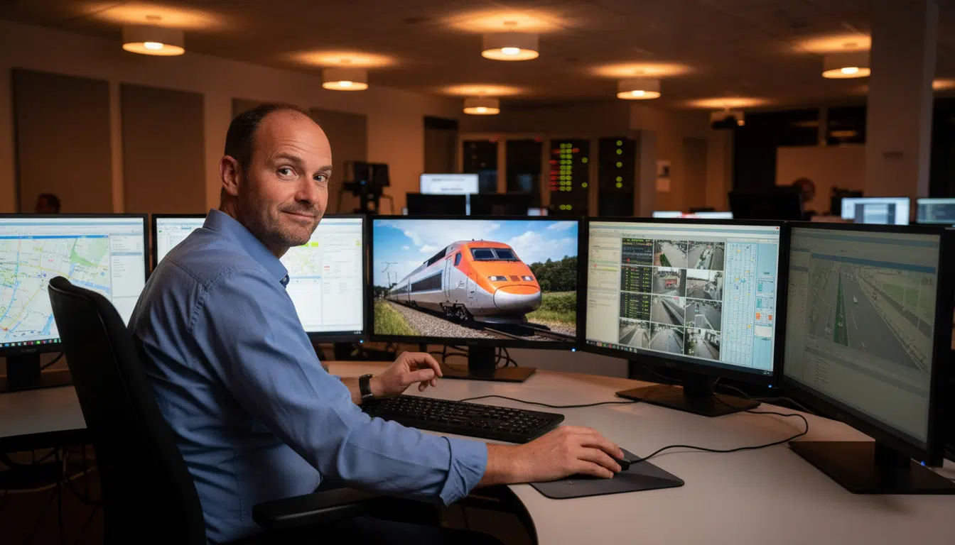 Opérateur surpris devant un cliché de train sur son écran