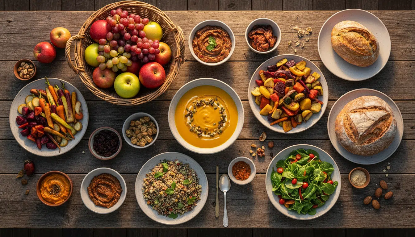 Repas coloré et varié sur une table en bois
