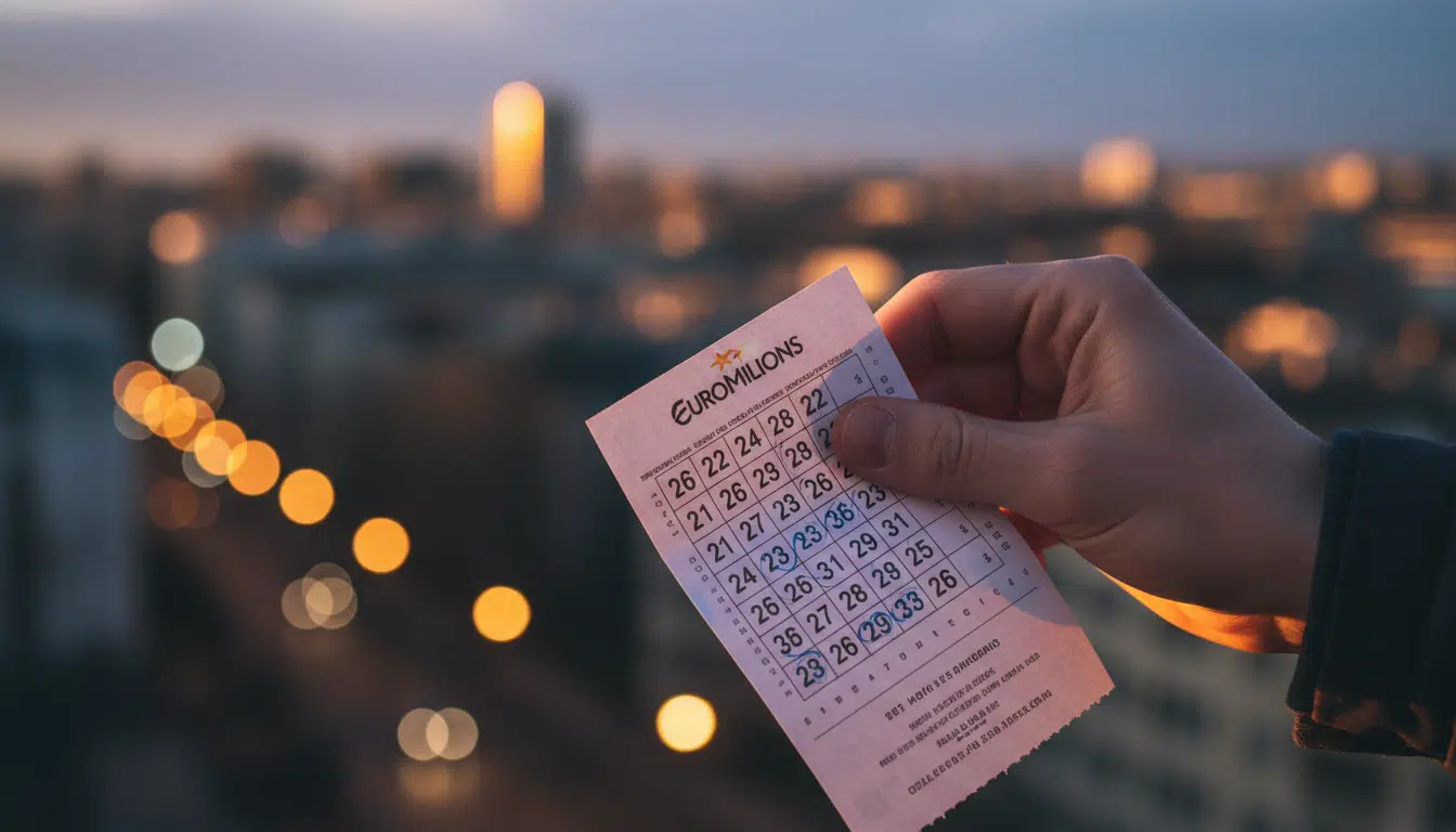 Ticket EuroMillions tenu en main dans une lumière dorée