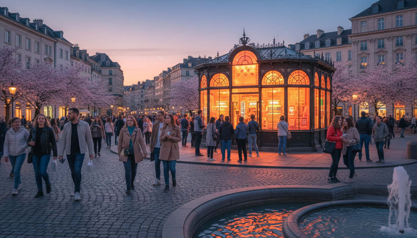 Place européenne animée devant un kiosque de loterie au crépuscule