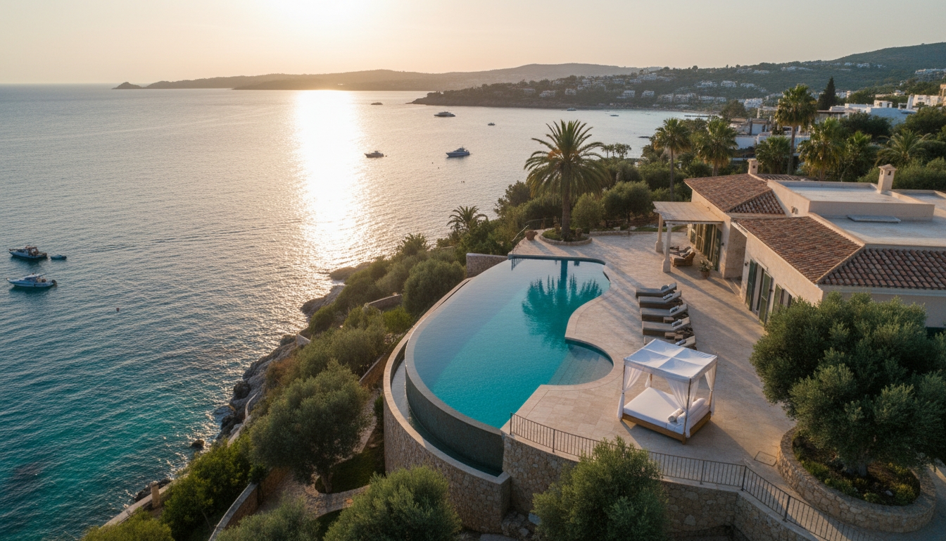 Villa de rêve avec piscine surplombant la mer au coucher du soleil