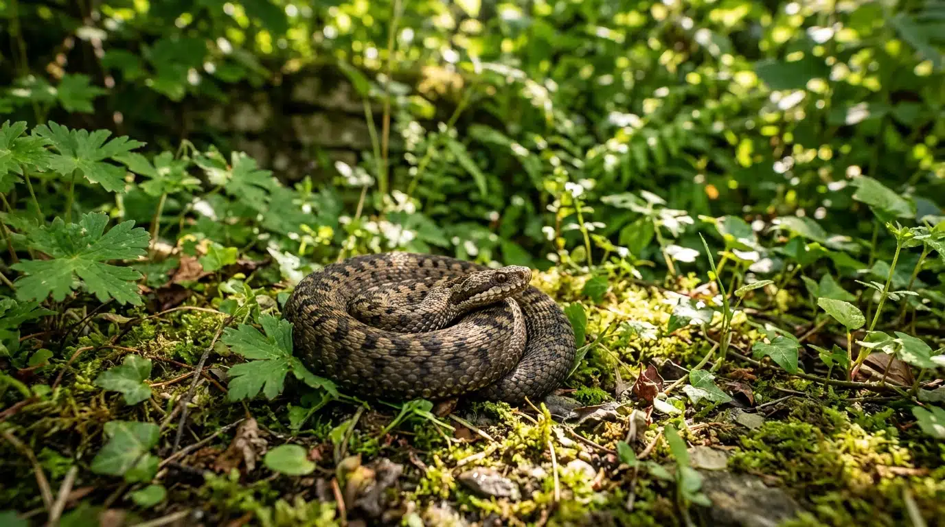 Vipère aspic lovée à l'ombre dans un jardin