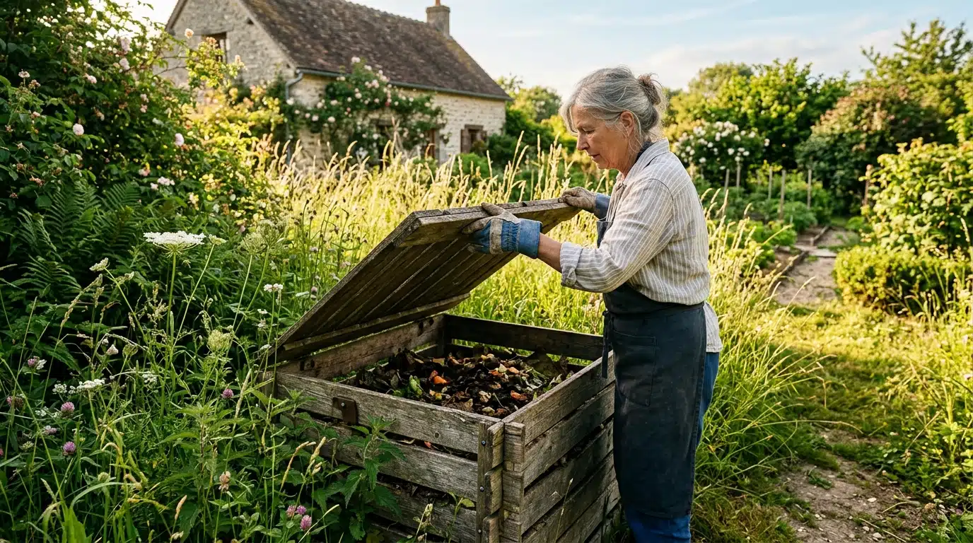 Jardinier ouvrant un bac à compost dans un jardin