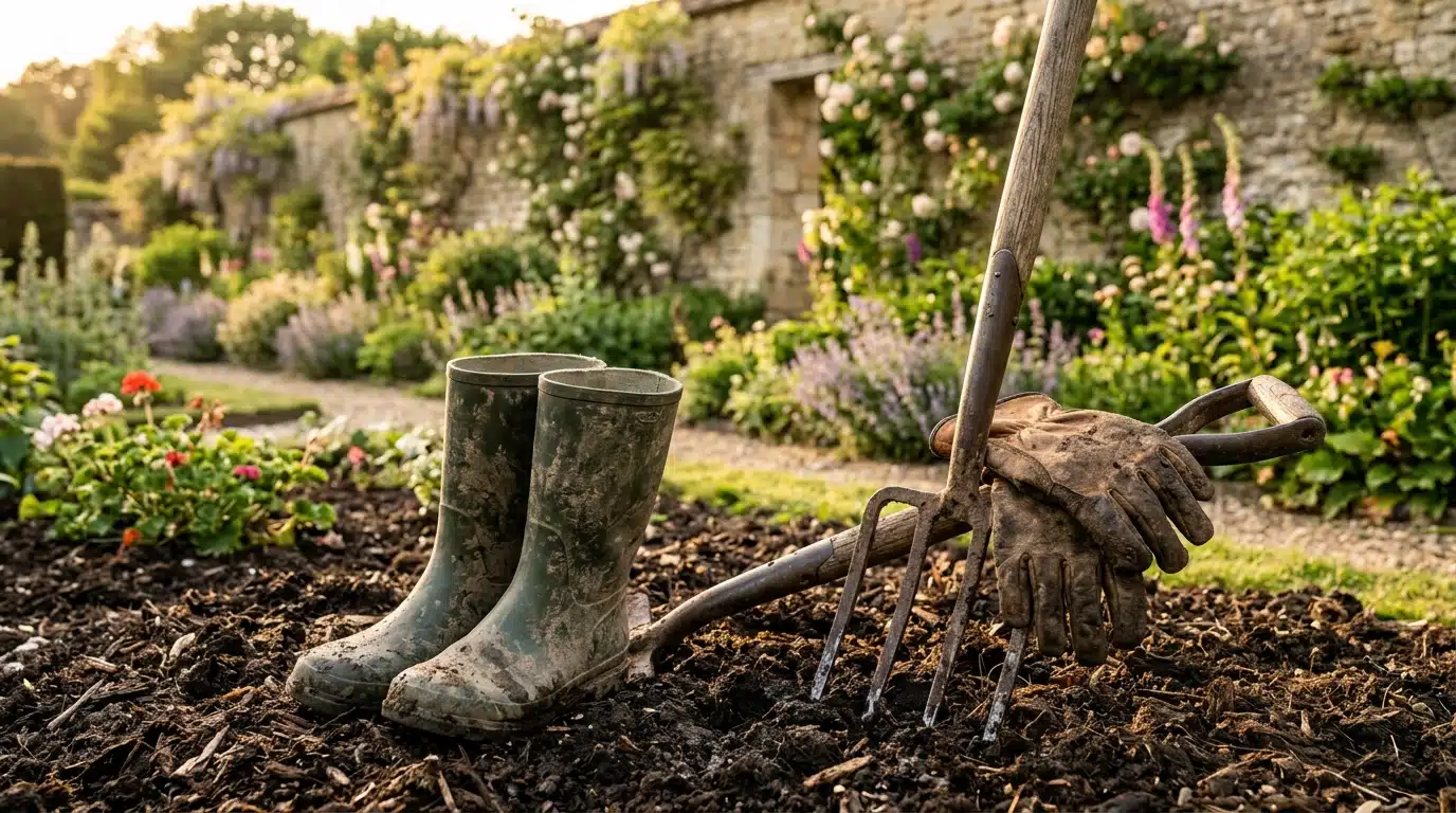 Bottes et gants de jardinage posés près d'un compost
