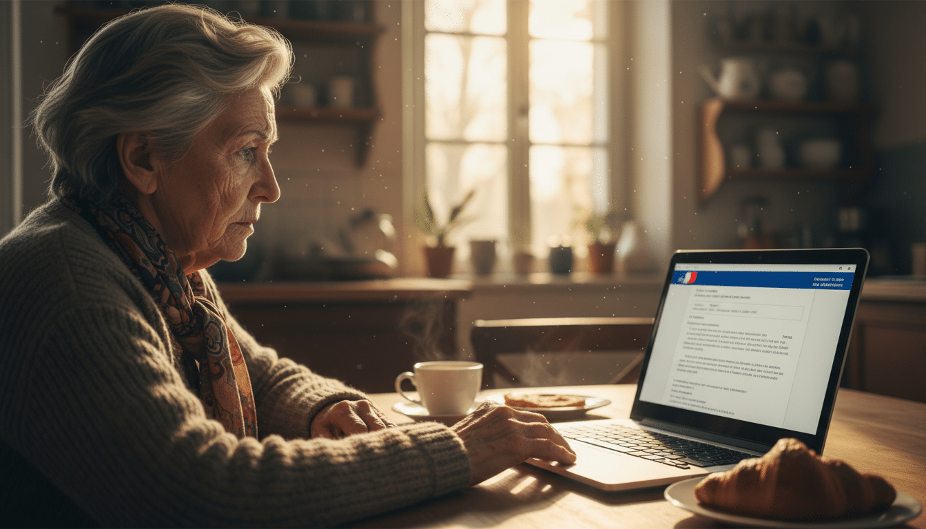 Personne âgée inquiète devant un mail frauduleux sur son ordinateur