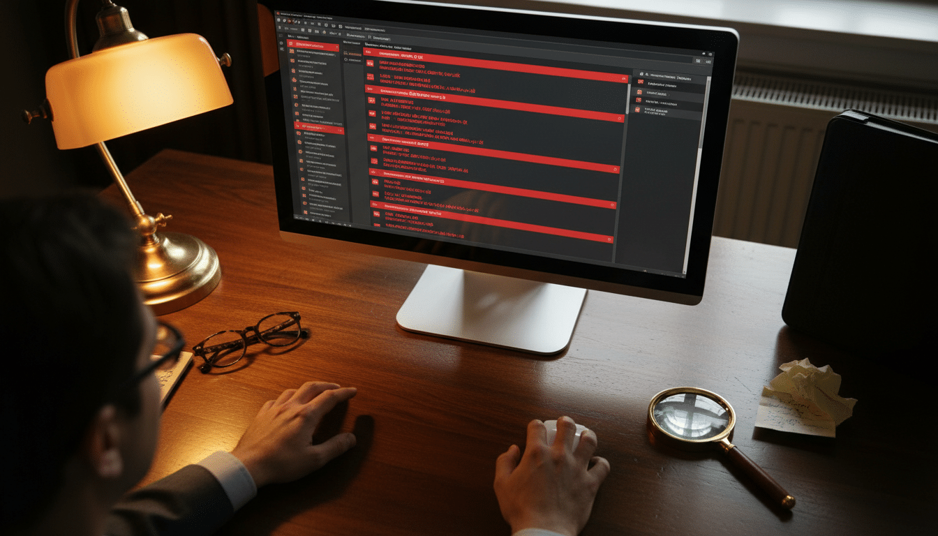 Boîte mail avec plusieurs courriels suspects sur un écran d'ordinateur