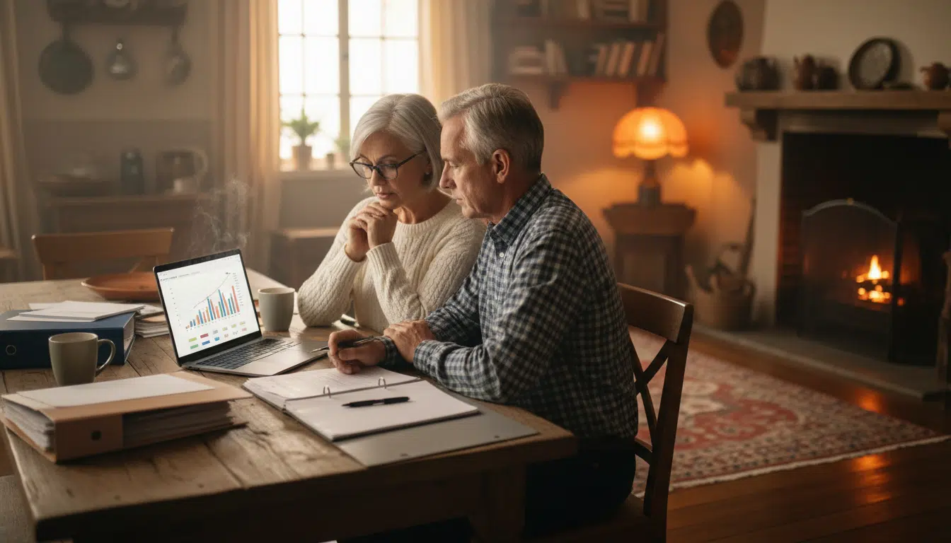 Couple préparant leur départ à la retraite devant un simulateur