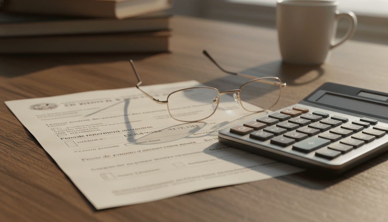 Feuille de pension de retraite et calculatrice sur un bureau