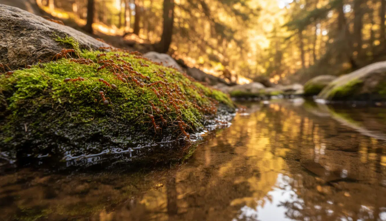 Fourmis sur des rochers humides en milieu naturel
