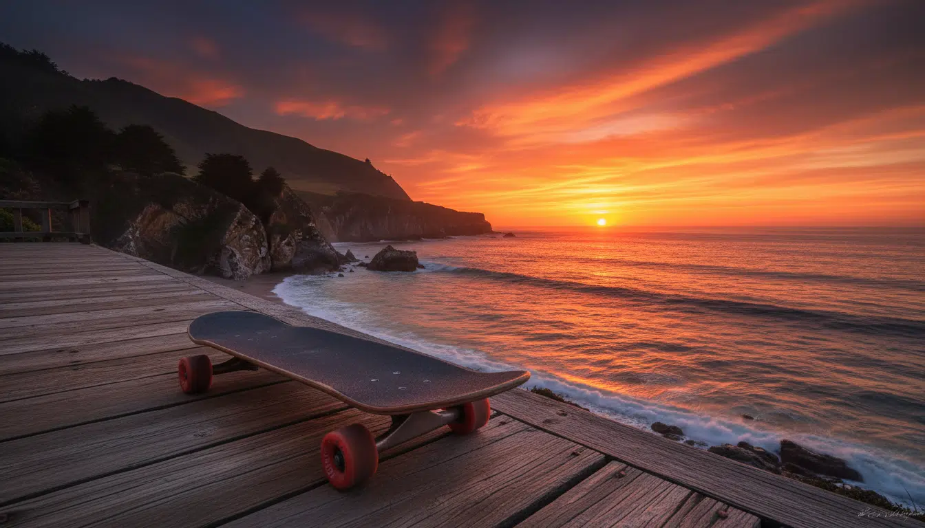 Skateboard face à l'océan Pacifique au coucher du soleil