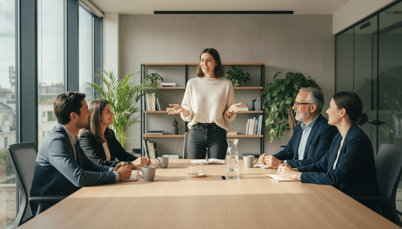 Réunion décontractée dans un open space moderne français