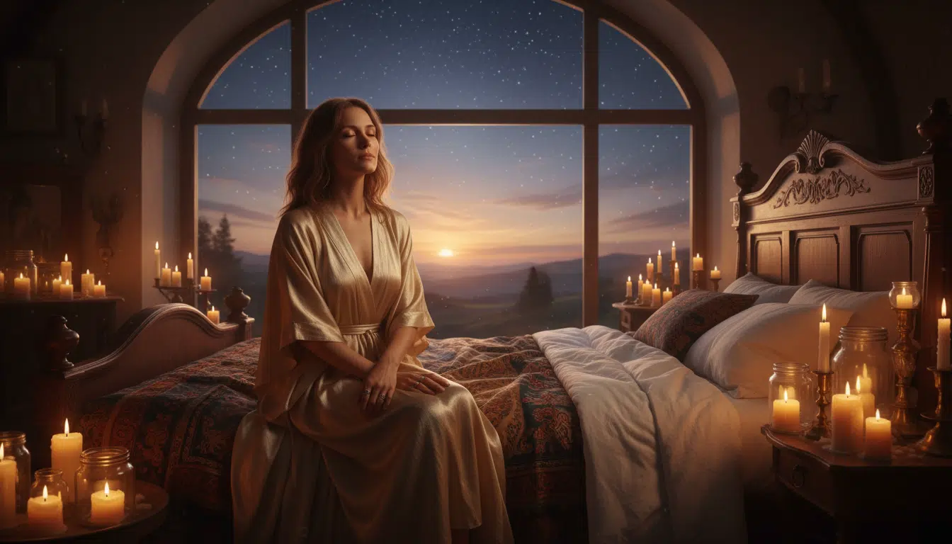 Femme méditant à l'aube dans une ambiance mystique