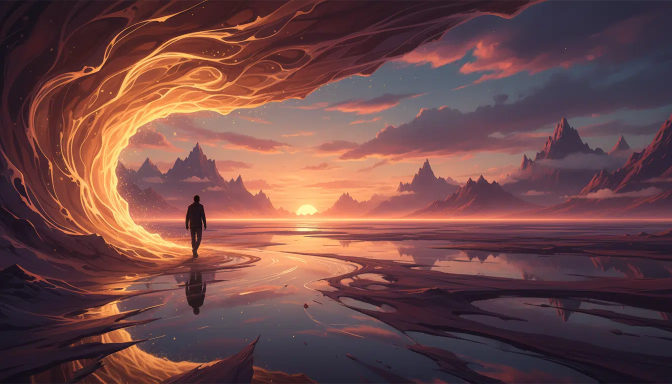 Silhouette traversant un tunnel de lumière dorée onirique