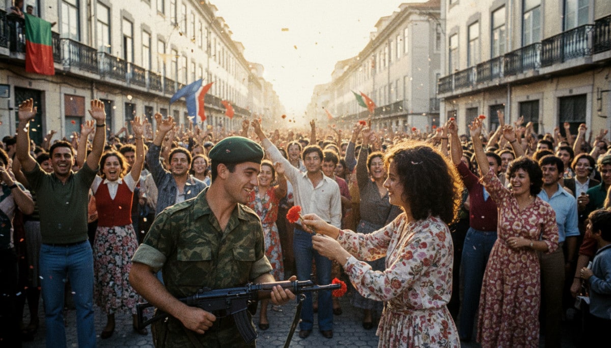 Révolution des Œillets à Lisbonne en 1974, soldat et œillet rouge