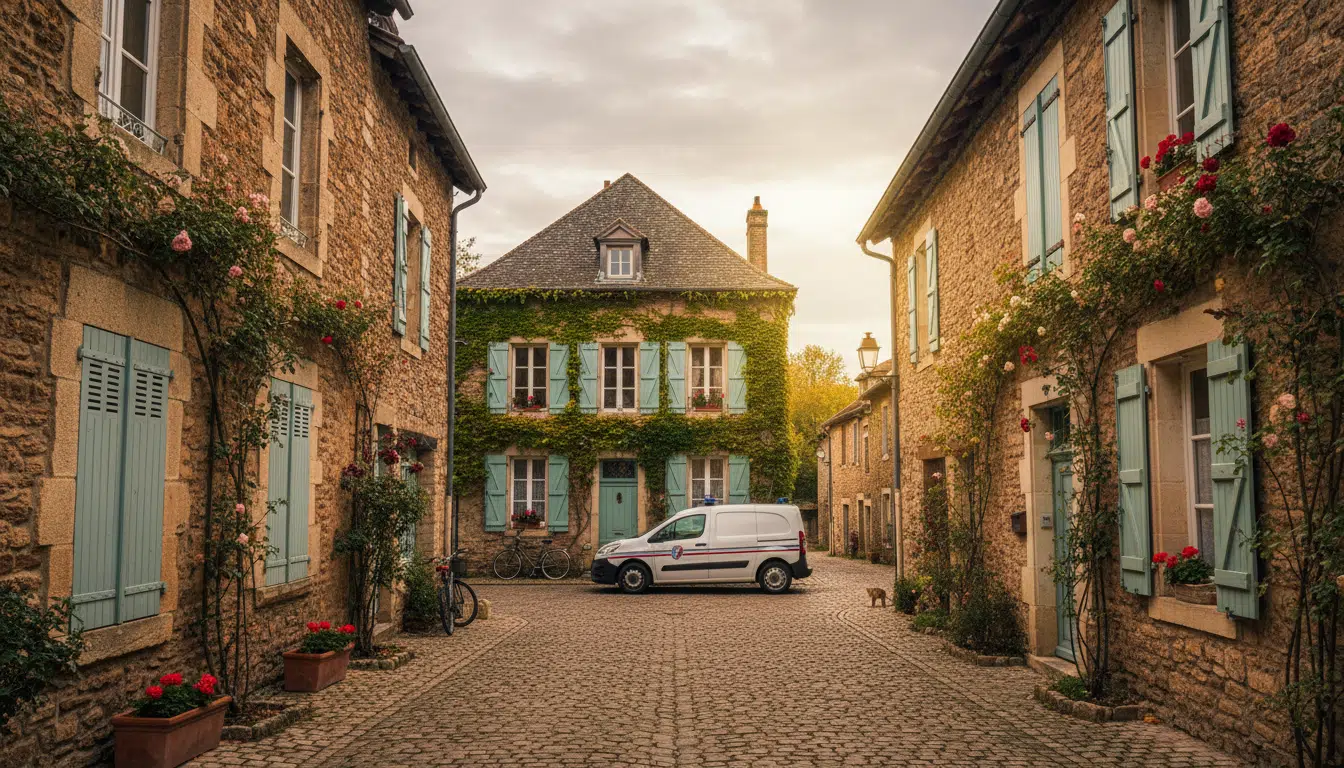 Rue calme d'un village du Beaujolais avec véhicule de gendarmerie