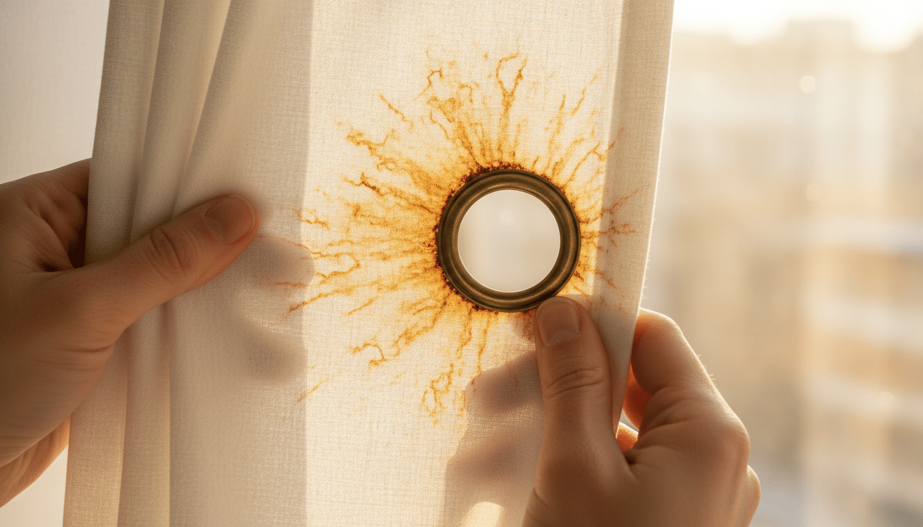 Traces de rouille orangées autour d'un œillet de rideau