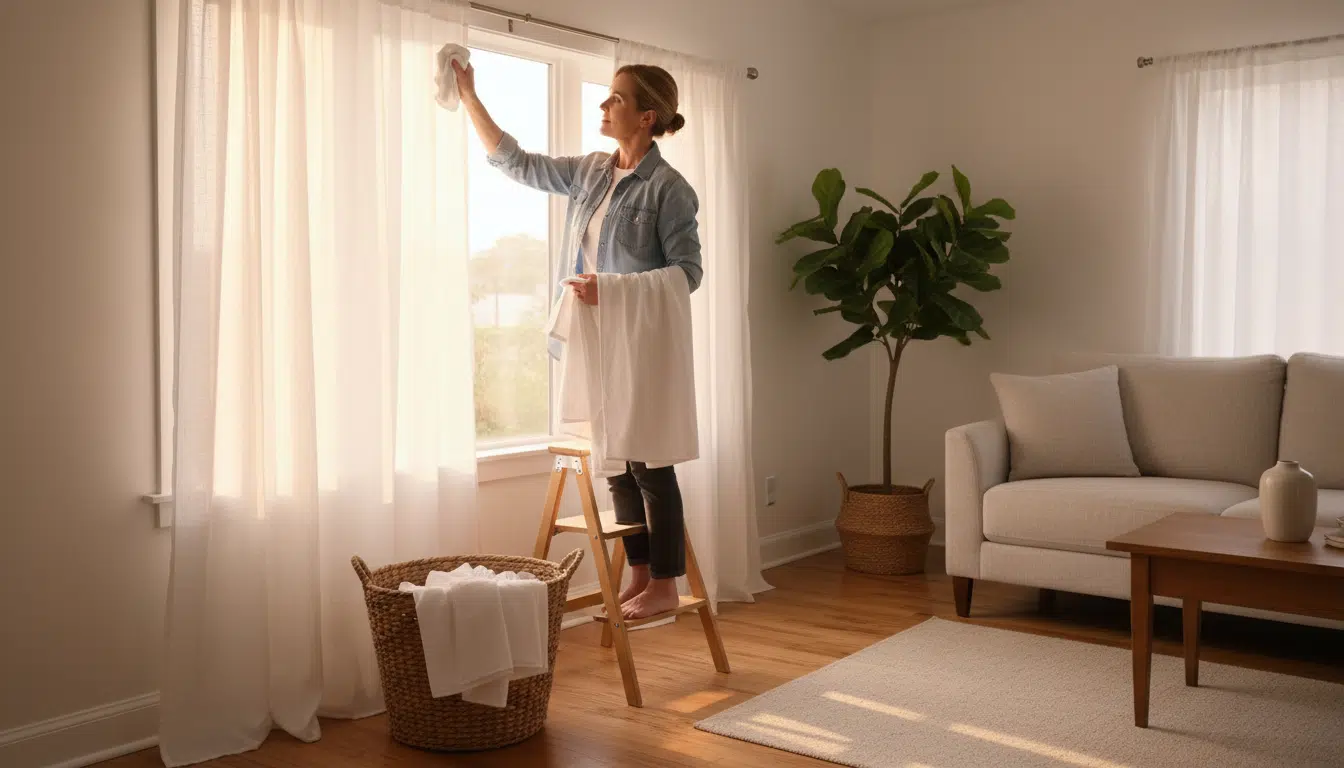 Femme essuyant un œillet de rideau avant accrochage