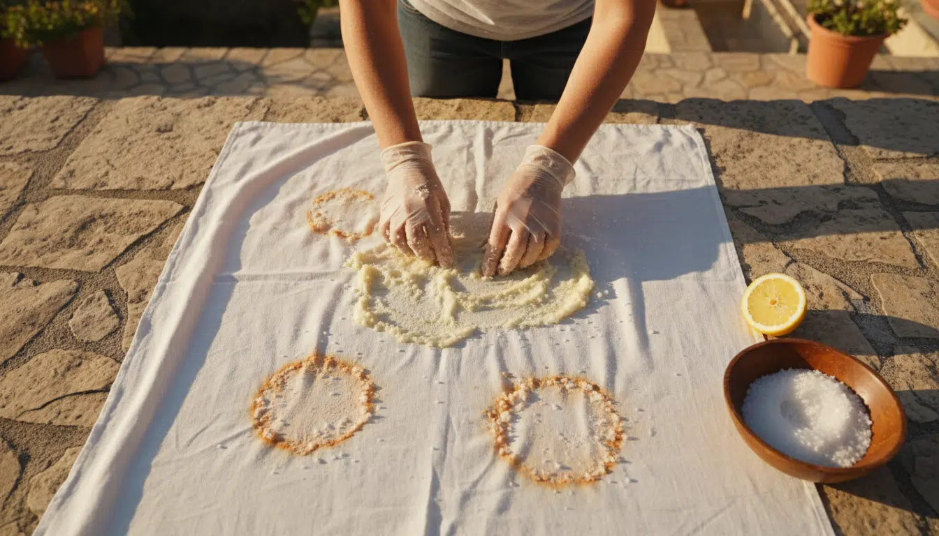 Traitement naturel sel et citron sur tache de rouille rideau