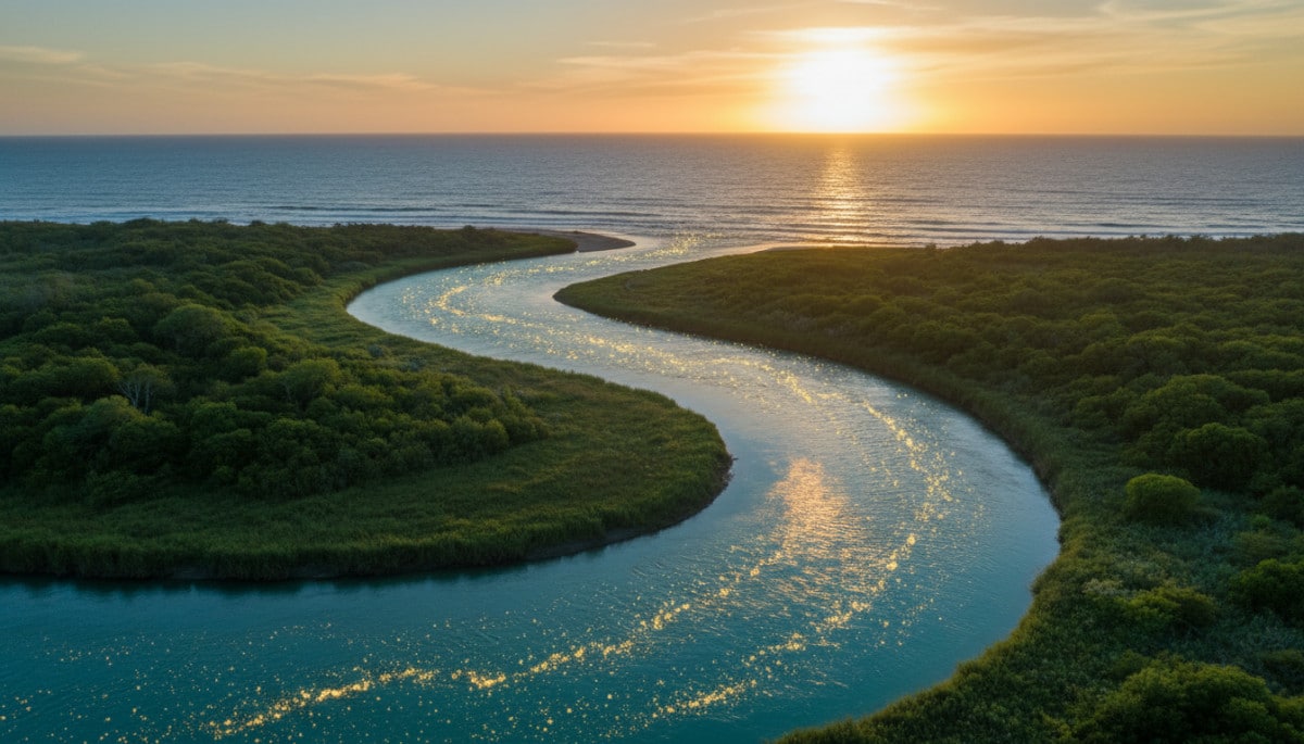 Rivière se jetant dans l'océan avec sel dissous visible