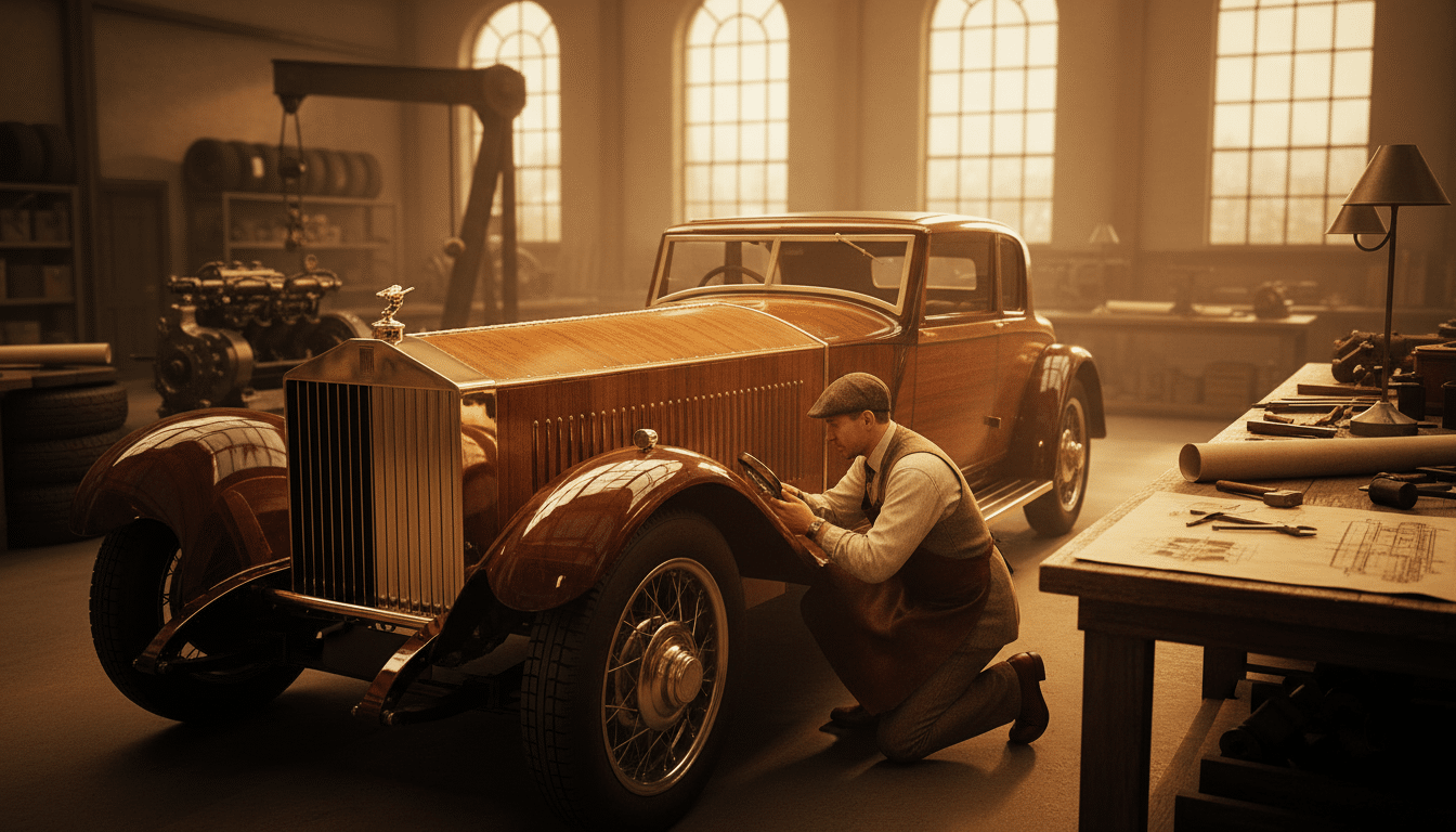 Prototype Rolls-Royce expérimental des années 1920 en atelier