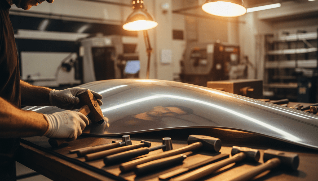 Artisan façonnant à la main la carrosserie en aluminium du Nightingale