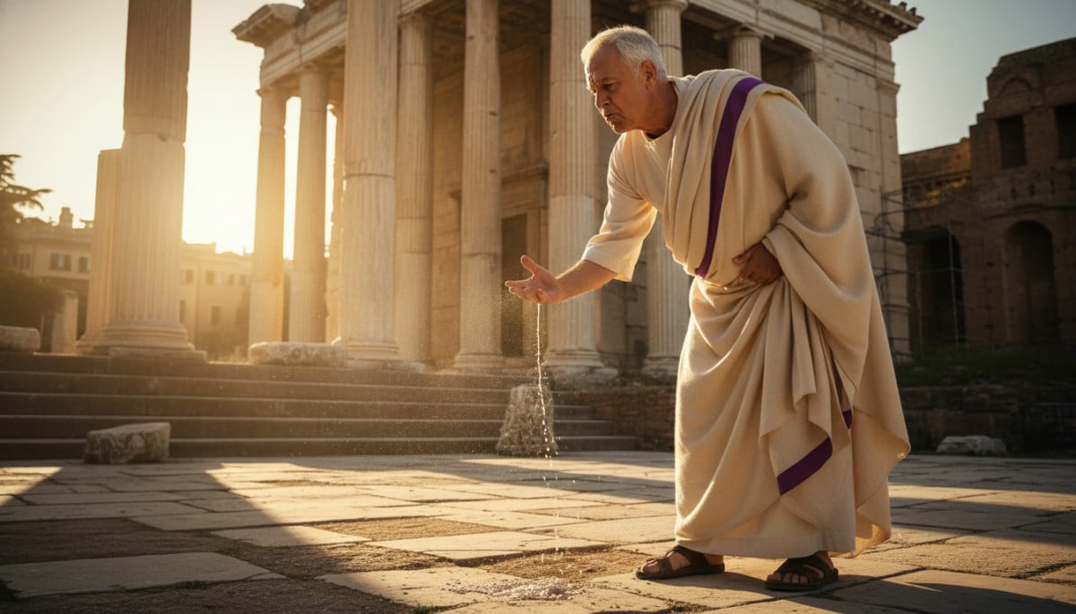Romain effectuant un rituel de crachat pour conjurer le mauvais sort