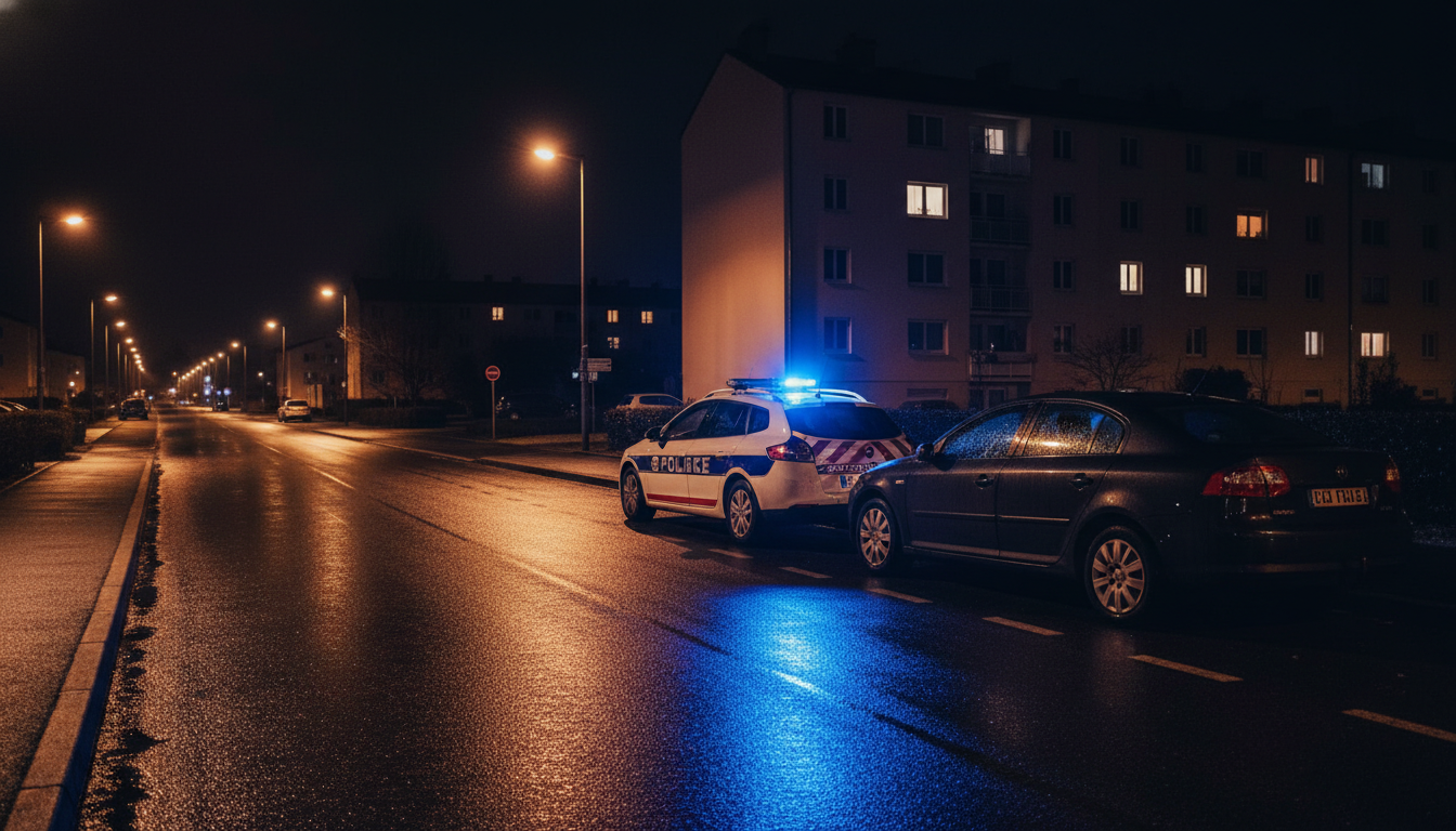 Véhicule de police stationné de nuit près d'un immeuble en banlieue parisienne