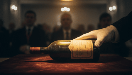Bouteille de Romanée-Conti 1945 sous lumière dorée