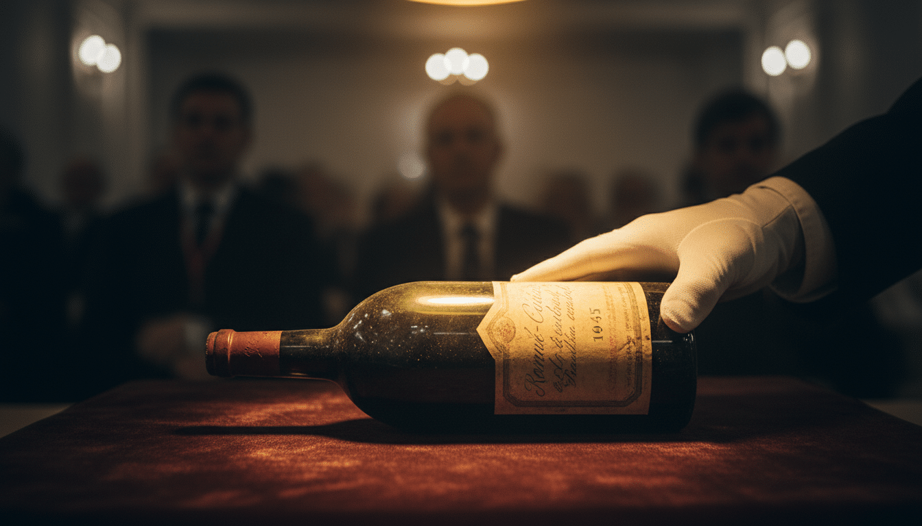 Bouteille de Romanée-Conti 1945 sous lumière dorée