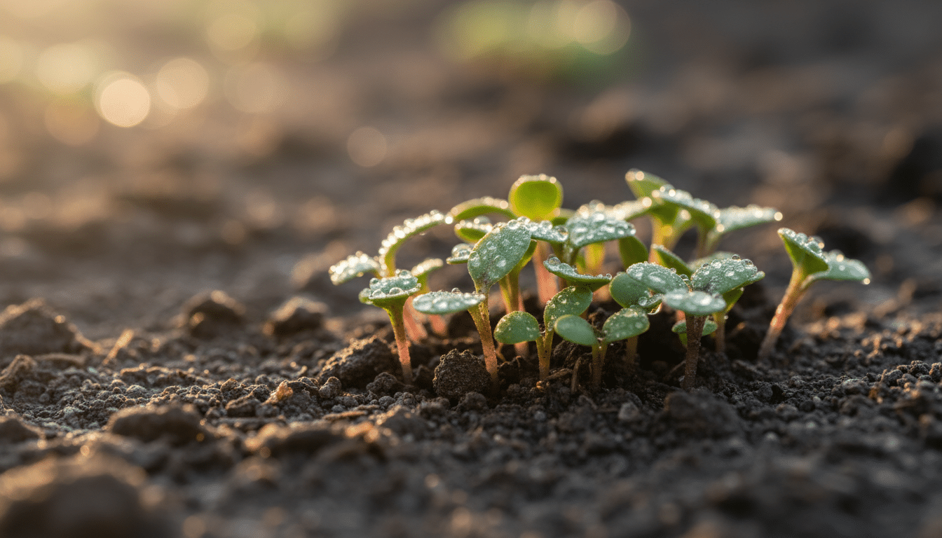 Plantules de betteraves en grappes serrées dans la terre